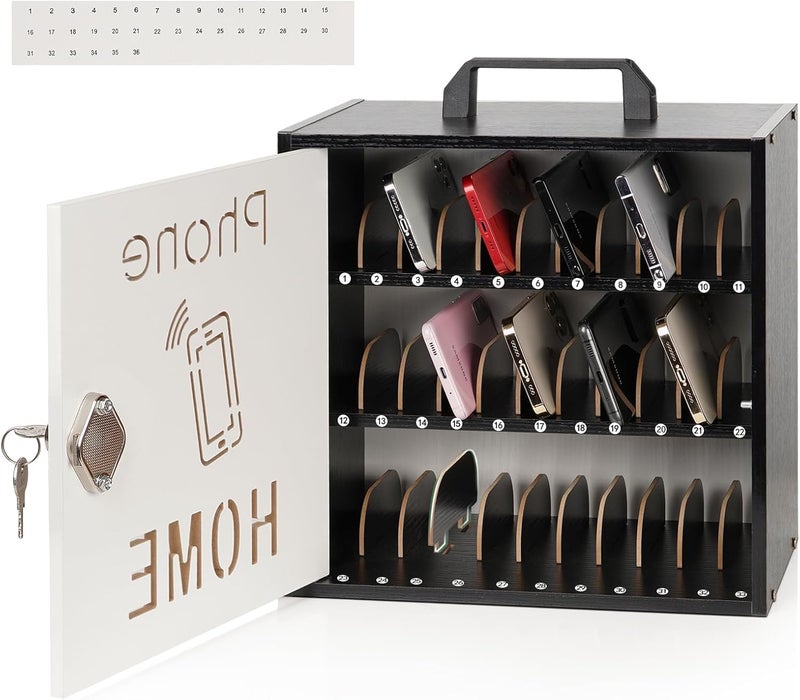 Echaprey Cell Phone Holder Classroom Adjustable 33 Slots Pocket Chart Wooden Cell Phone Storage Cabinet with Handle and Lock Desktop Cell Phone Holder for Classroom Office (Black) - Image 1